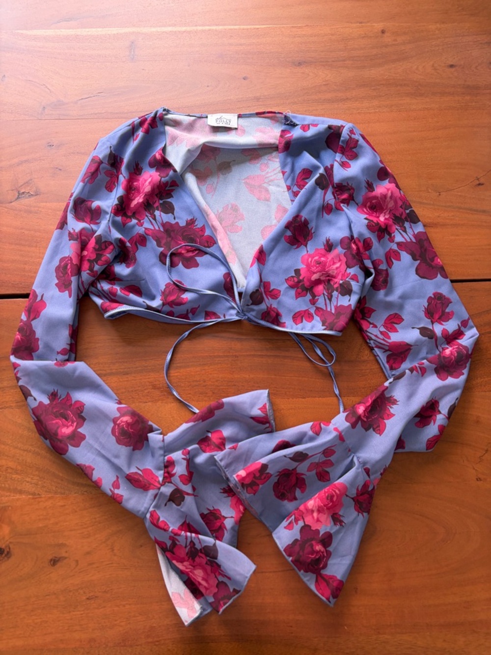 Oh Polly Set Womens Purple Floral Bell Flare Mesh Pants Tie Crop Top Size 4 - Picture 2 of 10